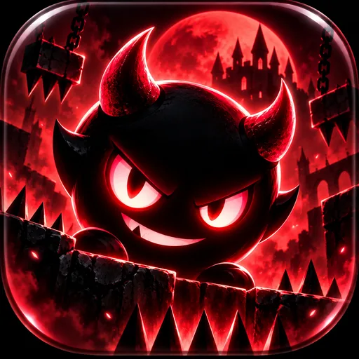 Shadow Devil: a grinning horned devil, red moon and spike traps