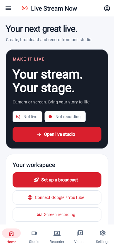 Live Stream Now light Home screen